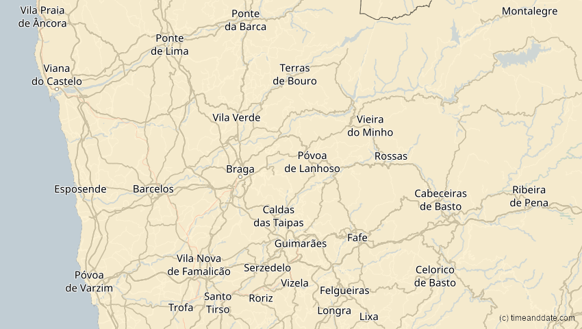 A map of Braga, Portugal, showing the path of the 16. Jan 2037 Partielle Sonnenfinsternis