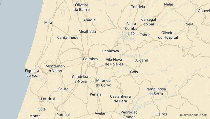 A map of Coimbra, Portugal, showing the path of the 16. Jan 2037 Partielle Sonnenfinsternis