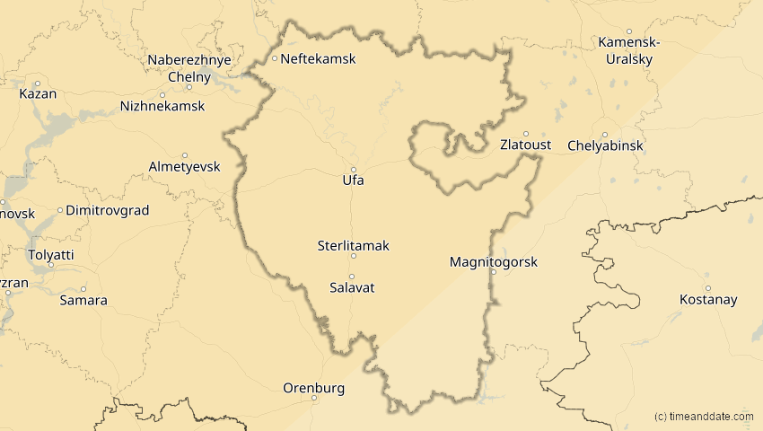 A map of Baschkortostan, Russland, showing the path of the 16. Jan 2037 Partielle Sonnenfinsternis
