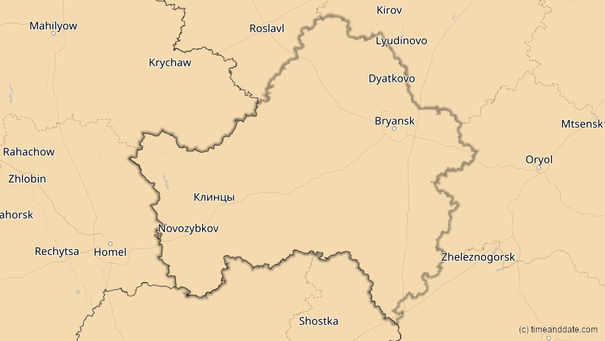A map of Brjansk, Russland, showing the path of the 16. Jan 2037 Partielle Sonnenfinsternis
