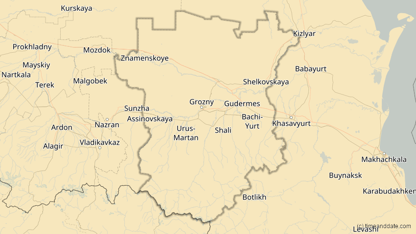 A map of Tschetschenien, Russland, showing the path of the 16. Jan 2037 Partielle Sonnenfinsternis