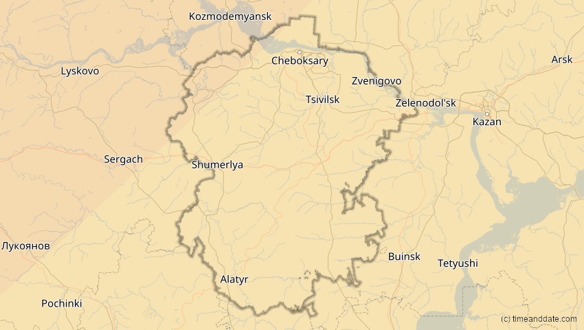 A map of Tschuwaschien, Russland, showing the path of the 16. Jan 2037 Partielle Sonnenfinsternis