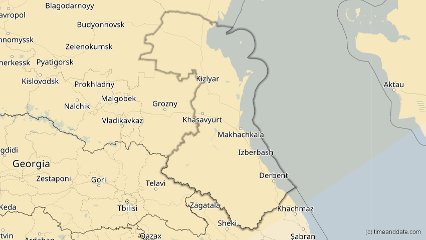 A map of Dagestan, Russland, showing the path of the 16. Jan 2037 Partielle Sonnenfinsternis