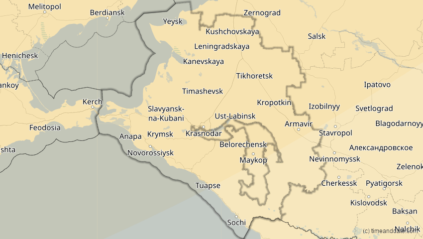 A map of Krasnodar, Russland, showing the path of the 16. Jan 2037 Partielle Sonnenfinsternis