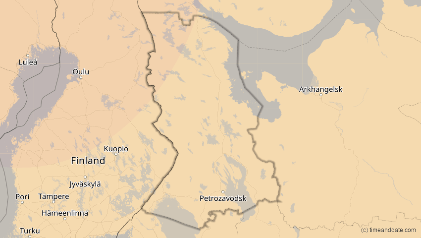 A map of Karelien, Russland, showing the path of the 16. Jan 2037 Partielle Sonnenfinsternis