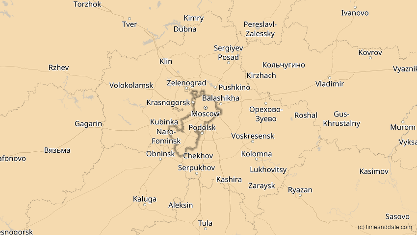 A map of Moskau, Russland, showing the path of the 16. Jan 2037 Partielle Sonnenfinsternis