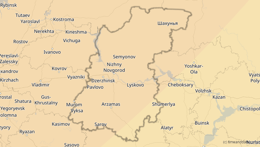 A map of Nischni Nowgorod, Russland, showing the path of the 16. Jan 2037 Partielle Sonnenfinsternis