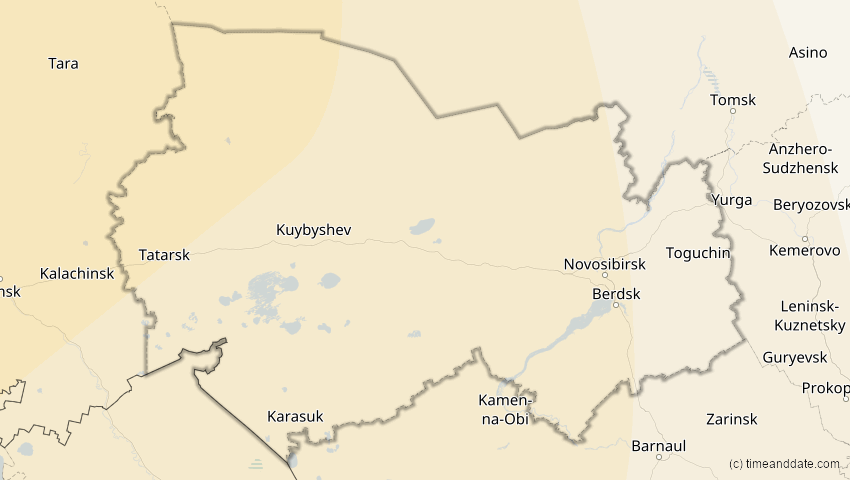 A map of Nowosibirsk, Russland, showing the path of the 16. Jan 2037 Partielle Sonnenfinsternis