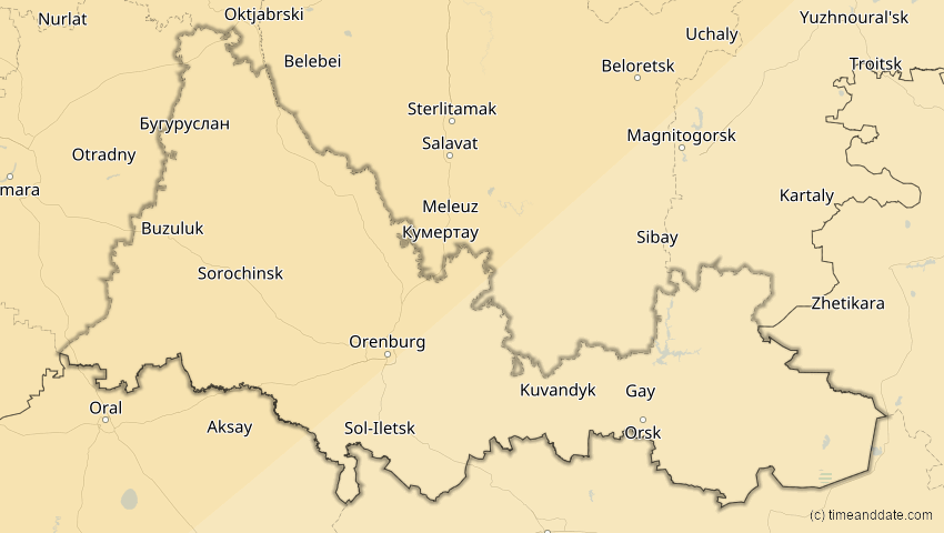 A map of Orenburg, Russland, showing the path of the 16. Jan 2037 Partielle Sonnenfinsternis