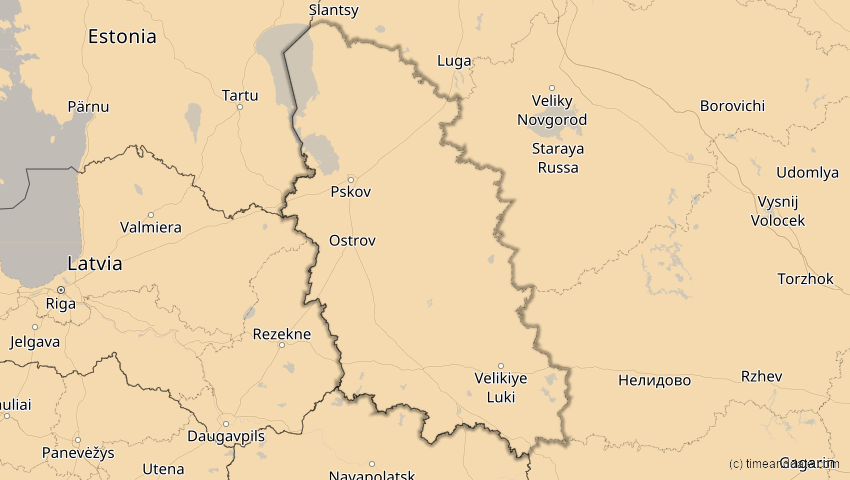 A map of Pskow, Russland, showing the path of the 16. Jan 2037 Partielle Sonnenfinsternis