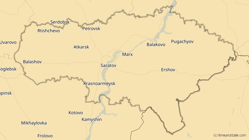 A map of Saratow, Russland, showing the path of the 16. Jan 2037 Partielle Sonnenfinsternis