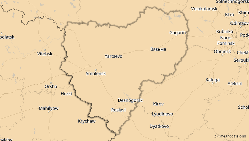 A map of Smolensk, Russland, showing the path of the 16. Jan 2037 Partielle Sonnenfinsternis