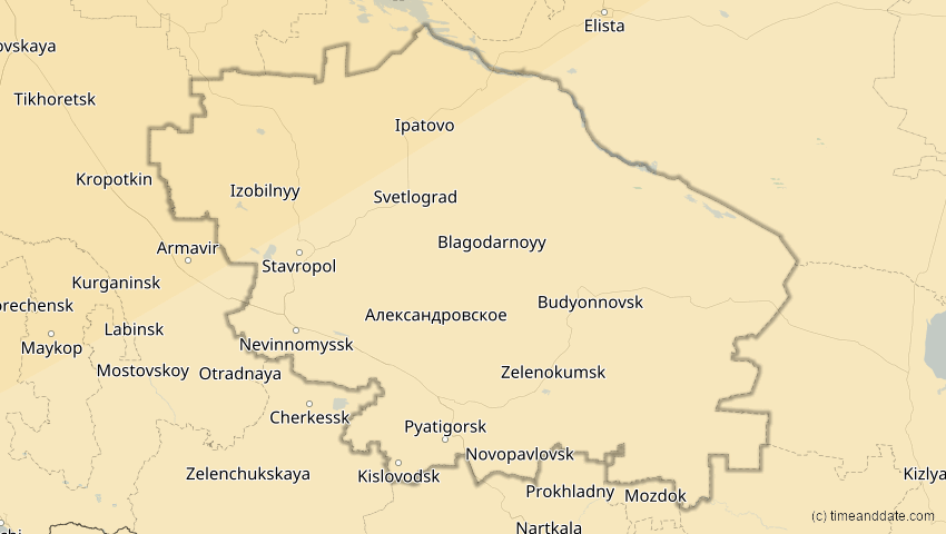 A map of Stawropol, Russland, showing the path of the 16. Jan 2037 Partielle Sonnenfinsternis