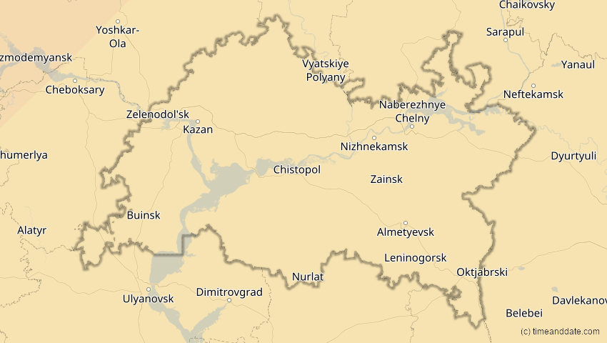 A map of Tatarstan, Russland, showing the path of the 16. Jan 2037 Partielle Sonnenfinsternis