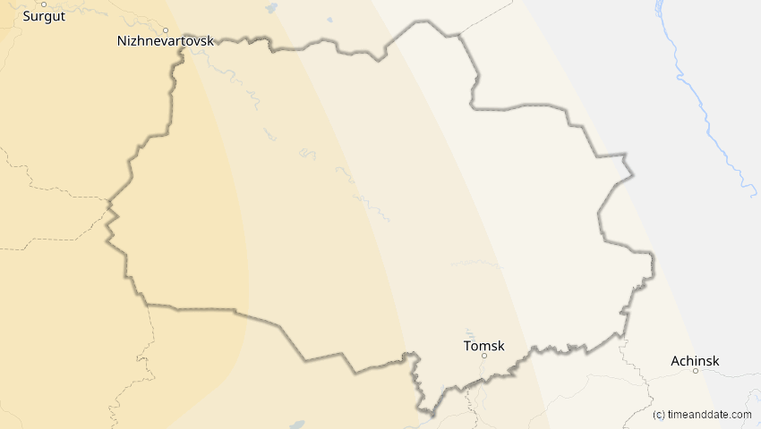A map of Tomsk, Russland, showing the path of the 16. Jan 2037 Partielle Sonnenfinsternis