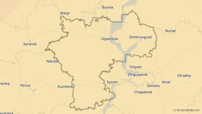 A map of Uljanowsk, Russland, showing the path of the 16. Jan 2037 Partielle Sonnenfinsternis