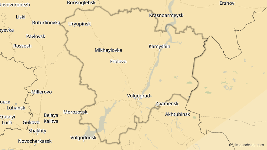 A map of Wolgograd, Russland, showing the path of the 16. Jan 2037 Partielle Sonnenfinsternis