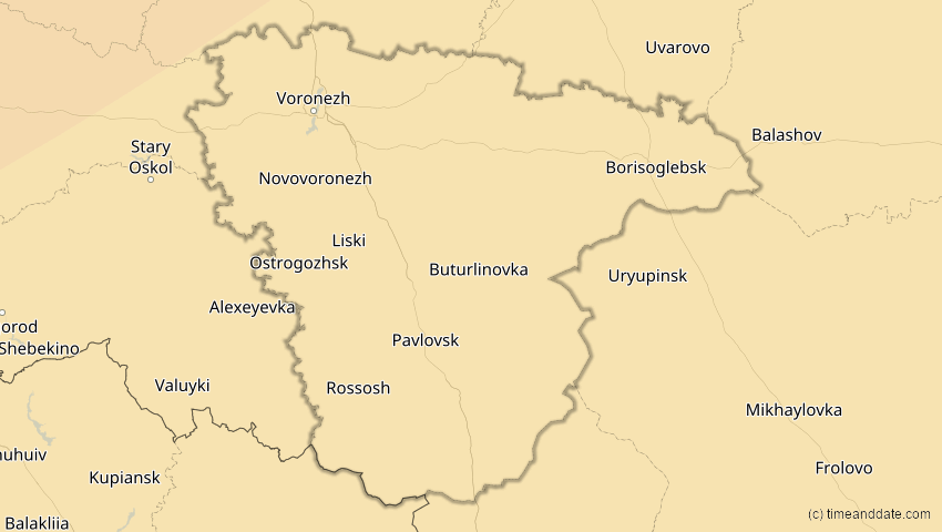 A map of Woronesch, Russland, showing the path of the 16. Jan 2037 Partielle Sonnenfinsternis