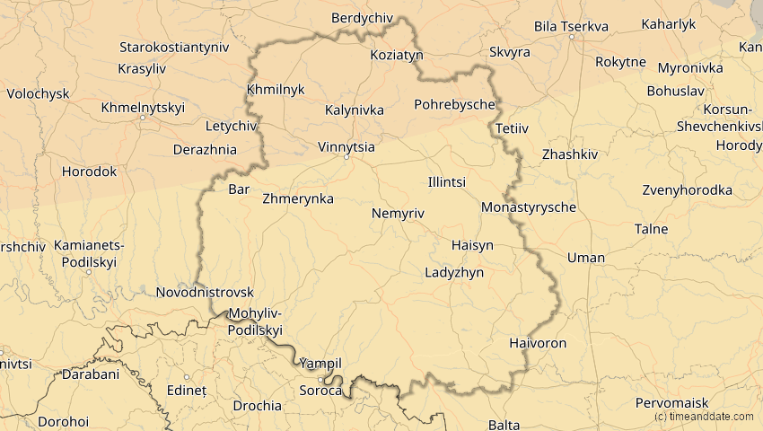 A map of Winnyzja, Ukraine, showing the path of the 16. Jan 2037 Partielle Sonnenfinsternis