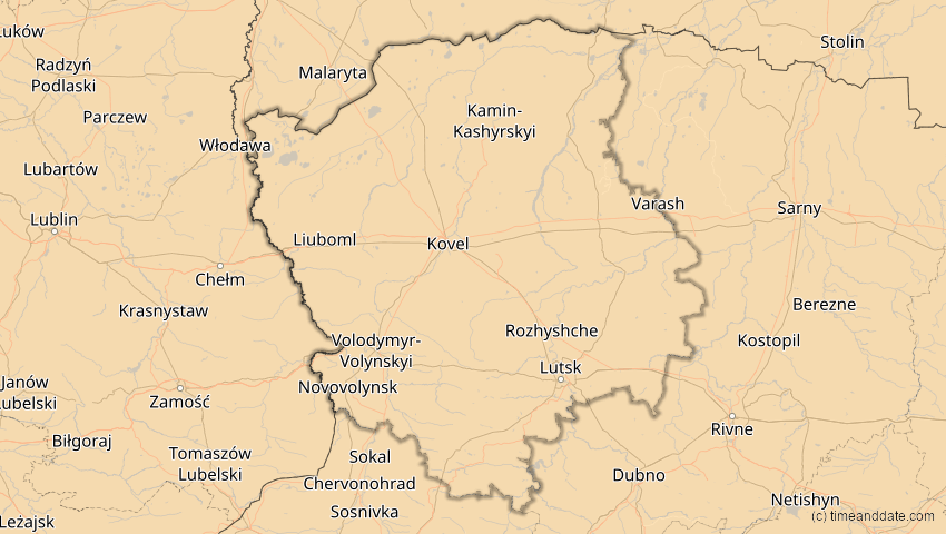 A map of Wolhynien, Ukraine, showing the path of the 16. Jan 2037 Partielle Sonnenfinsternis