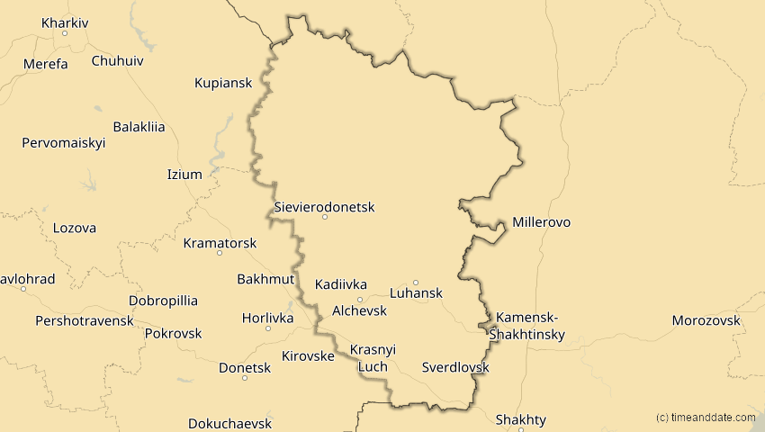 A map of Luhansk, Ukraine, showing the path of the 16. Jan 2037 Partielle Sonnenfinsternis