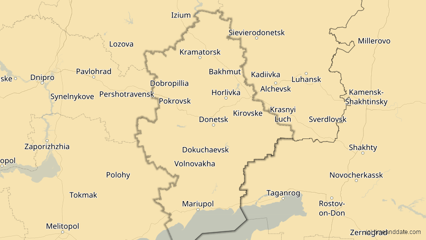 A map of Donezk, Ukraine, showing the path of the 16. Jan 2037 Partielle Sonnenfinsternis