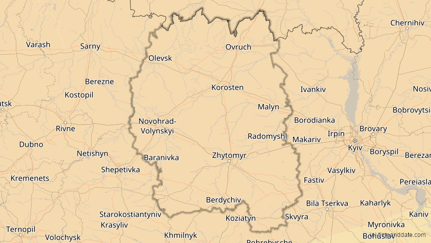 A map of Schytomyr, Ukraine, showing the path of the 16. Jan 2037 Partielle Sonnenfinsternis