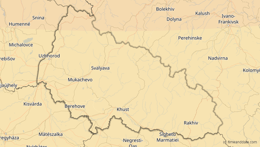 A map of Transkarpatien, Ukraine, showing the path of the 16. Jan 2037 Partielle Sonnenfinsternis