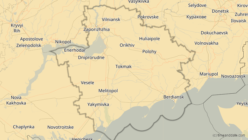 A map of Saporischschja, Ukraine, showing the path of the 16. Jan 2037 Partielle Sonnenfinsternis