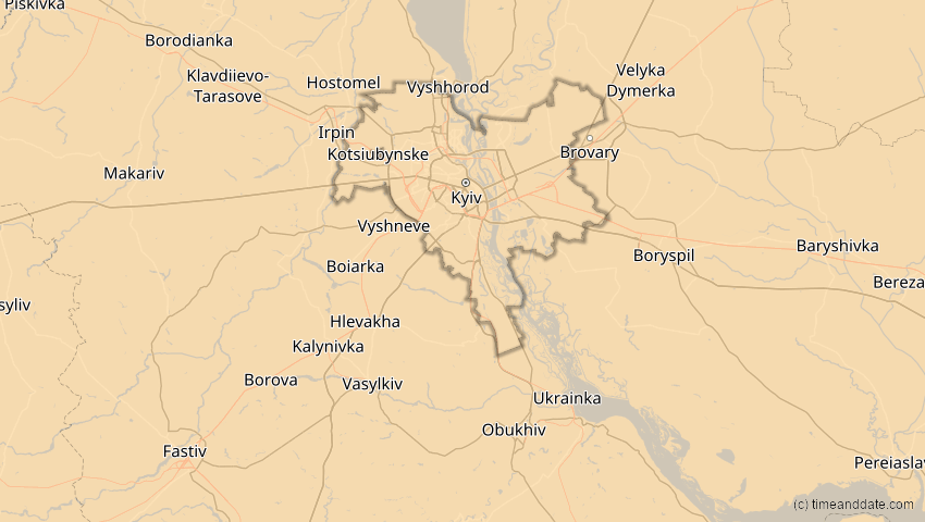 A map of Kiew, Ukraine, showing the path of the 16. Jan 2037 Partielle Sonnenfinsternis