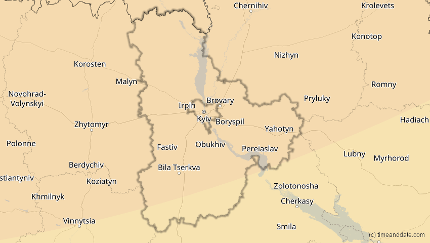 A map of Kiew, Ukraine, showing the path of the 16. Jan 2037 Partielle Sonnenfinsternis