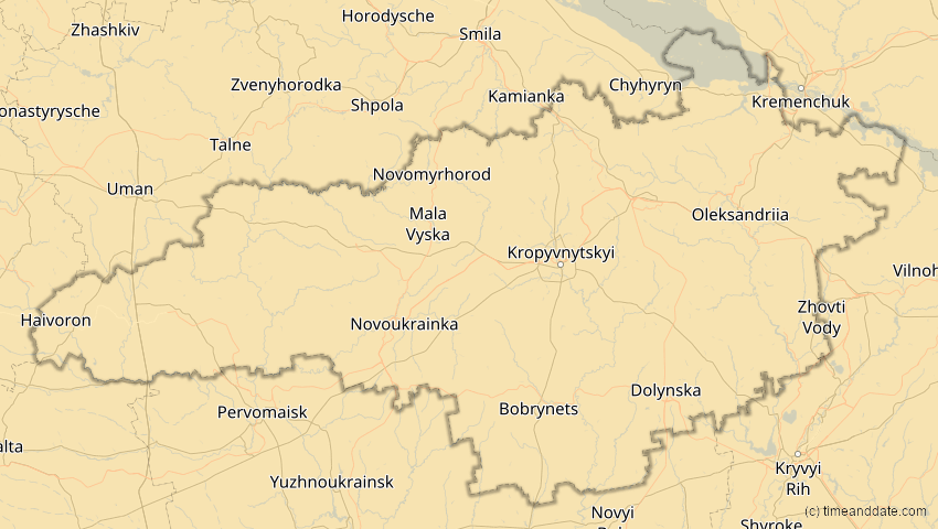 A map of Kirowohrad, Ukraine, showing the path of the 16. Jan 2037 Partielle Sonnenfinsternis