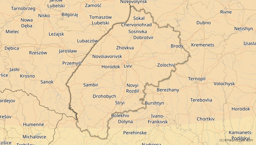 A map of Lwiw, Ukraine, showing the path of the 16. Jan 2037 Partielle Sonnenfinsternis