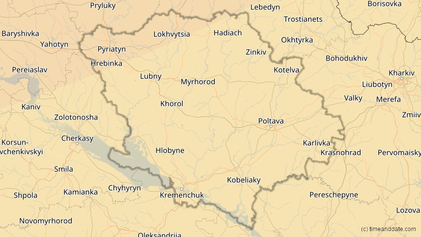 A map of Poltawa, Ukraine, showing the path of the 16. Jan 2037 Partielle Sonnenfinsternis