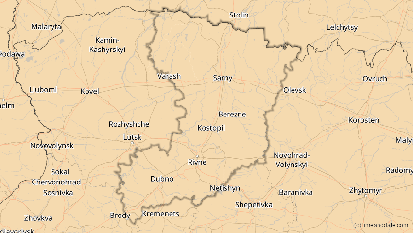A map of Riwne, Ukraine, showing the path of the 16. Jan 2037 Partielle Sonnenfinsternis