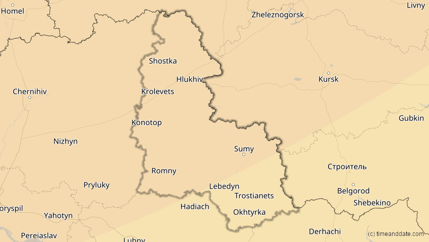 A map of Sumy, Ukraine, showing the path of the 16. Jan 2037 Partielle Sonnenfinsternis