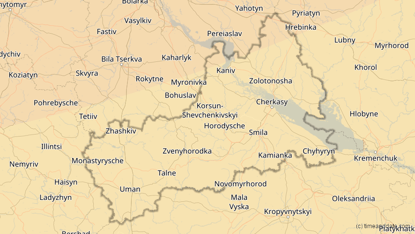 A map of Tscherkassy, Ukraine, showing the path of the 16. Jan 2037 Partielle Sonnenfinsternis