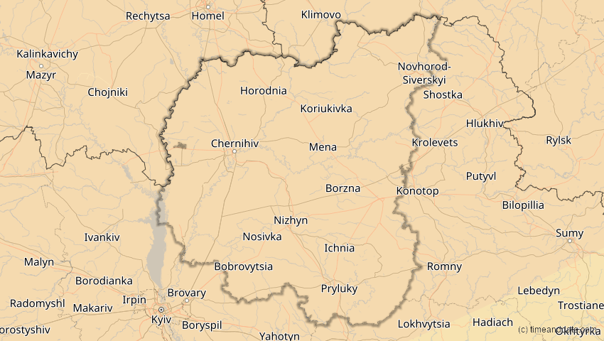 A map of Tschernihiw, Ukraine, showing the path of the 16. Jan 2037 Partielle Sonnenfinsternis