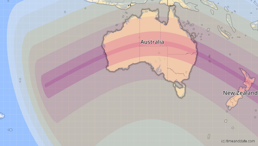 A map of Australien, showing the path of the 13. Jul 2037 Totale Sonnenfinsternis