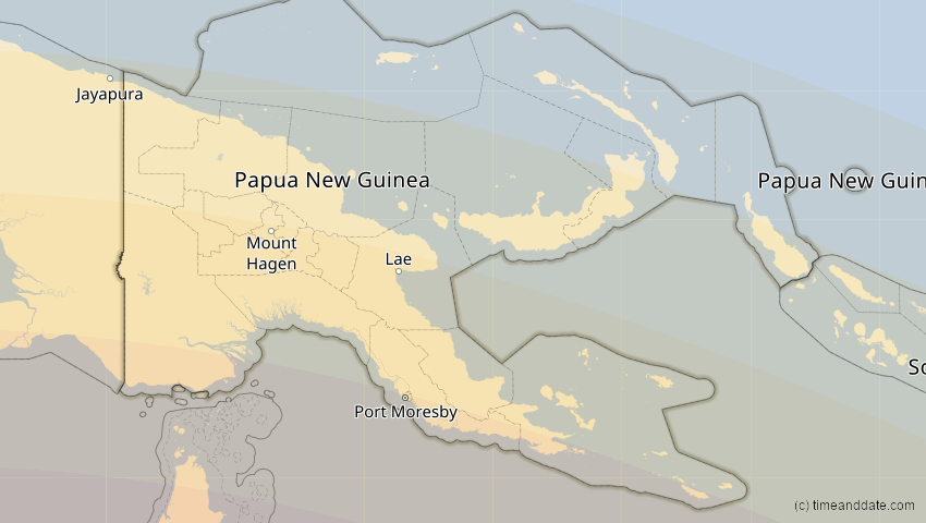 A map of Papua-Neuguinea, showing the path of the 13. Jul 2037 Totale Sonnenfinsternis