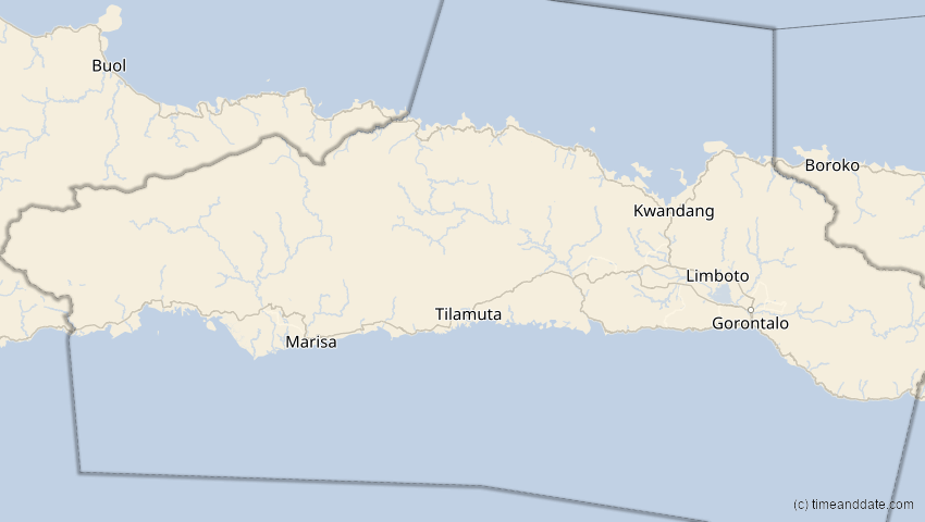 A map of Gorontalo, Indonesien, showing the path of the 13. Jul 2037 Totale Sonnenfinsternis