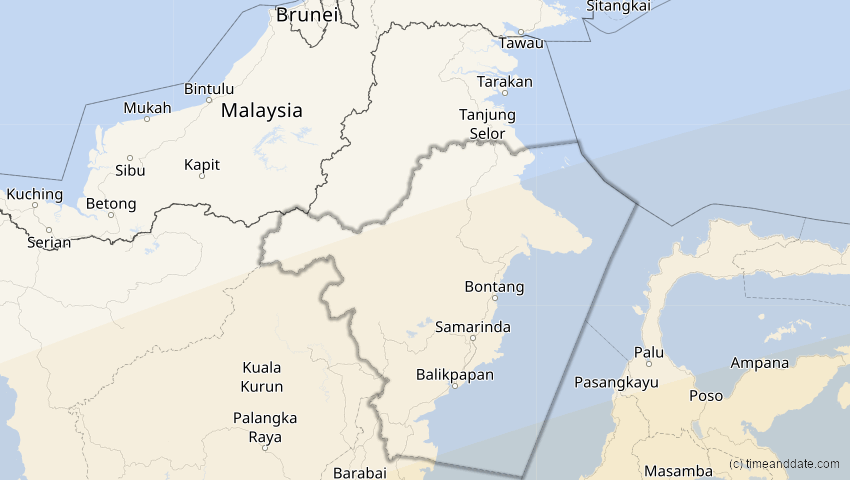 A map of Kalimantan Timur, Indonesien, showing the path of the 13. Jul 2037 Totale Sonnenfinsternis