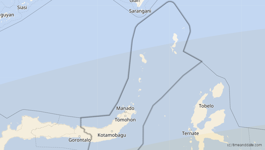 A map of Sulawesi Utara, Indonesien, showing the path of the 13. Jul 2037 Totale Sonnenfinsternis