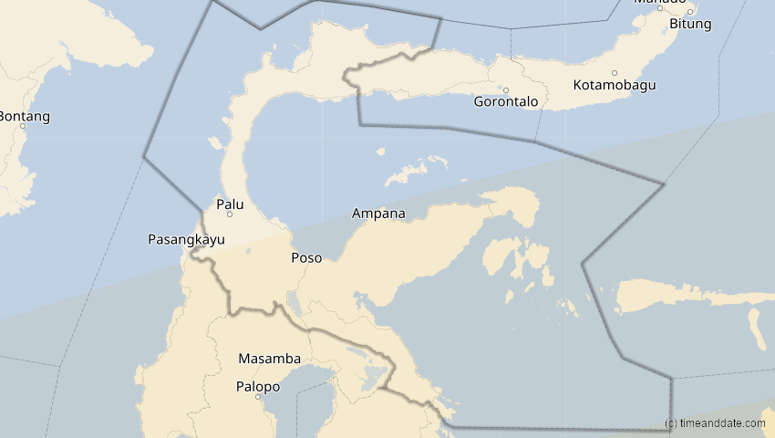 A map of Sulawesi Tengah, Indonesien, showing the path of the 13. Jul 2037 Totale Sonnenfinsternis