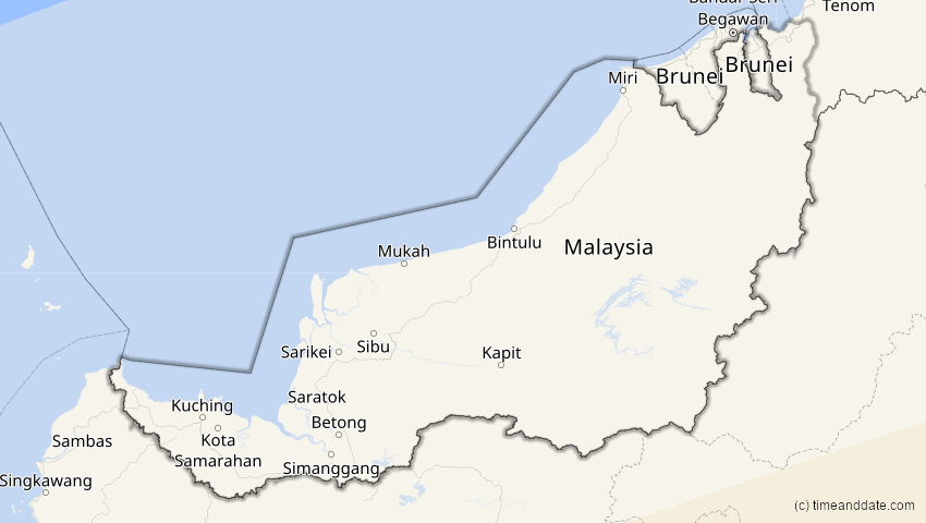 A map of Sarawak, Malaysia, showing the path of the 13. Jul 2037 Totale Sonnenfinsternis