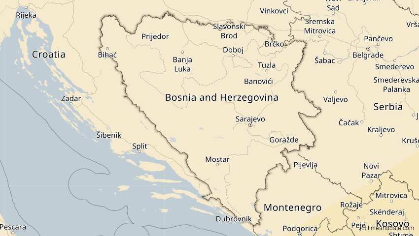 A map of Bosnien und Herzegowina, showing the path of the 5. Jan 2038 Ringförmige Sonnenfinsternis