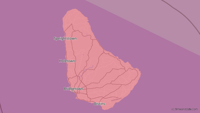 A map of Barbados, showing the path of the 5. Jan 2038 Ringförmige Sonnenfinsternis
