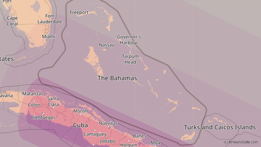 A map of Bahamas, showing the path of the 5. Jan 2038 Ringförmige Sonnenfinsternis