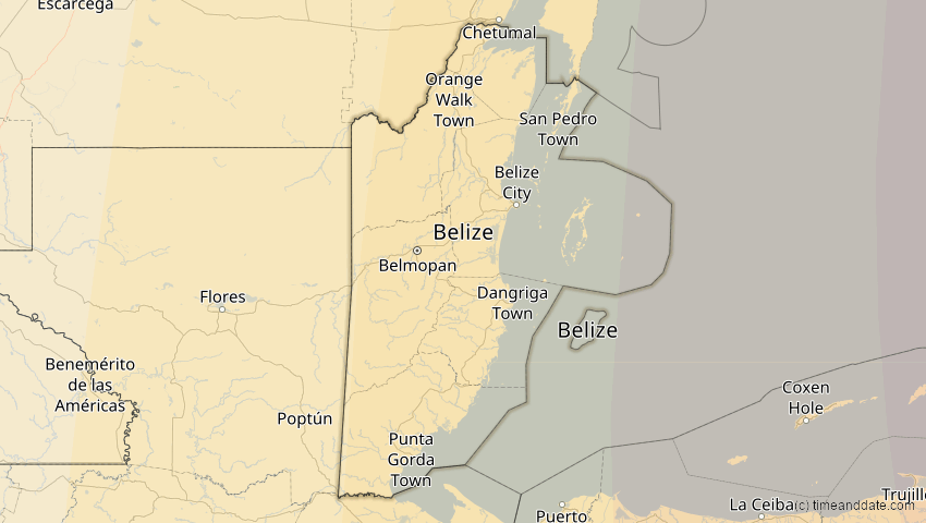 A map of Belize, showing the path of the 5. Jan 2038 Ringförmige Sonnenfinsternis