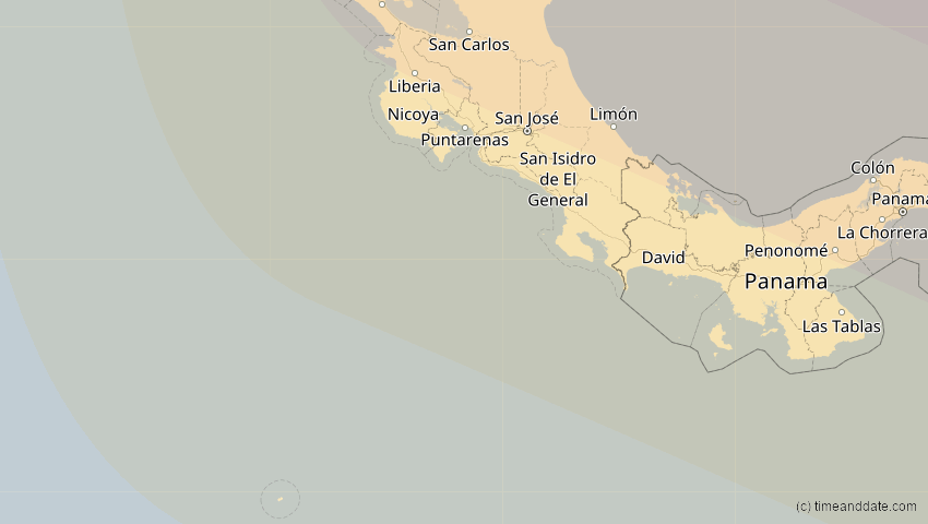 A map of Costa Rica, showing the path of the 5. Jan 2038 Ringförmige Sonnenfinsternis